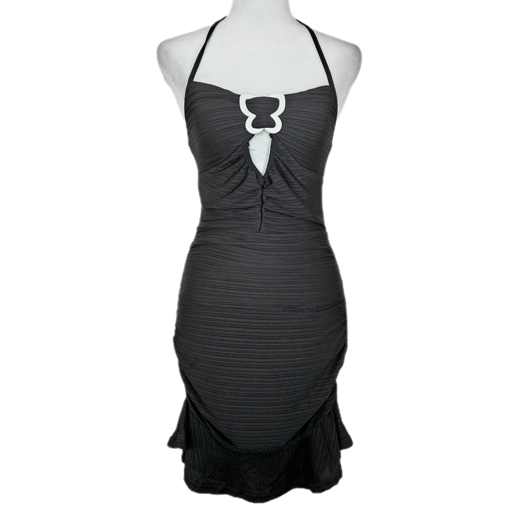 Black Butterfly Halter Mini Dress Women's Small Ruffles Ruched Y2K Clubwear Glam
